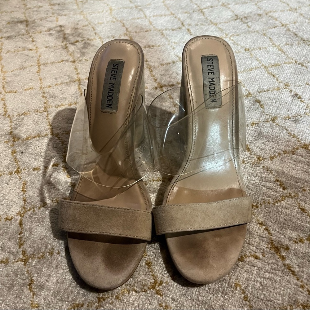 Steve Madden Cheers Sandals Strap Clear Block Heel Women Size 8 Leather Tan - Picture 2 of 8